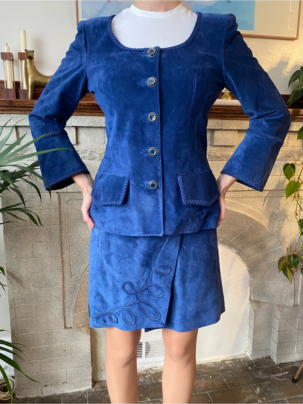 Danier Blue Suede Two-Piece Blazer and Skirt Set
